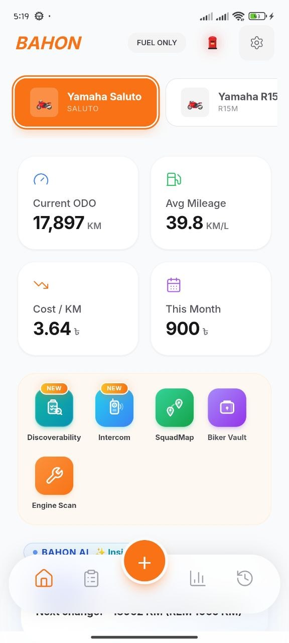 Bahon app dashboard — fuel, mileage and bike stats for Bangladesh riders